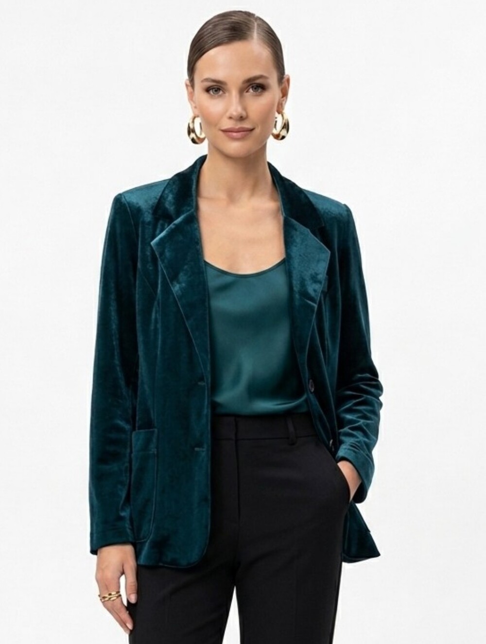 Velvet Blazer Jacket in Teal - Women's Classic Tailored Coat